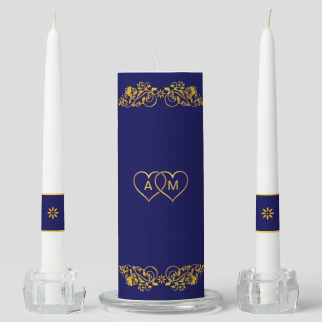Golden ornaments, hearts & monograms on navy blue unity candle set (Front)