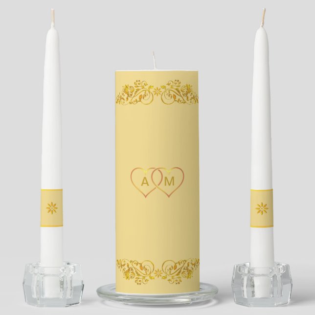 Golden ornaments, hearts & monograms wedding unity candle set (Front)