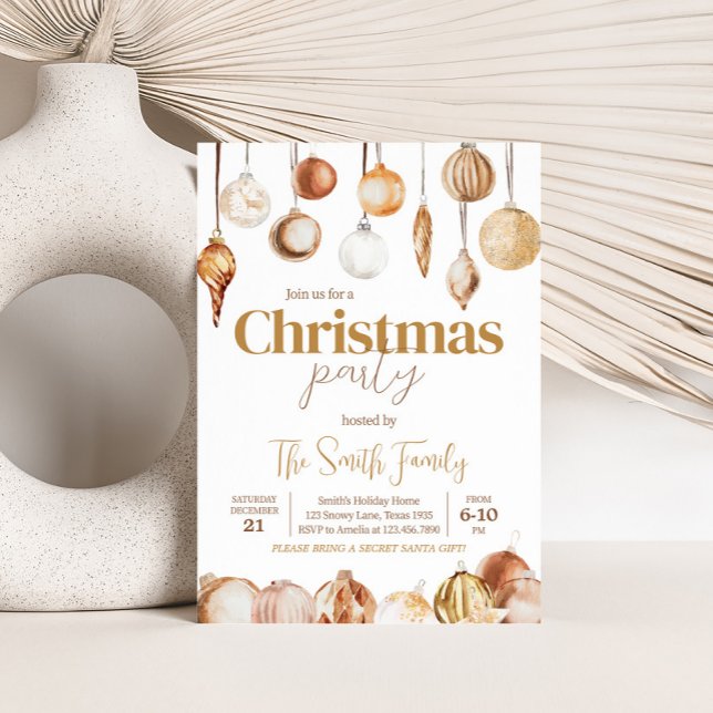 Golden Ornaments Holiday Christmas Party Invitation ( Holiday Gold Ornaments Christmas Party Invitation)