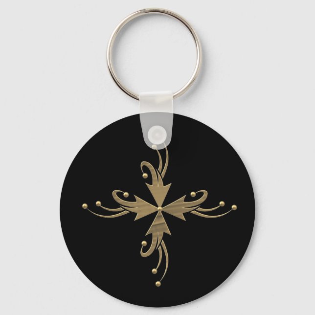 Golden ornaments on black background keychain (Front)