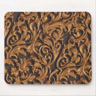 Golden Ornate Baroque Damask on Dark Leather