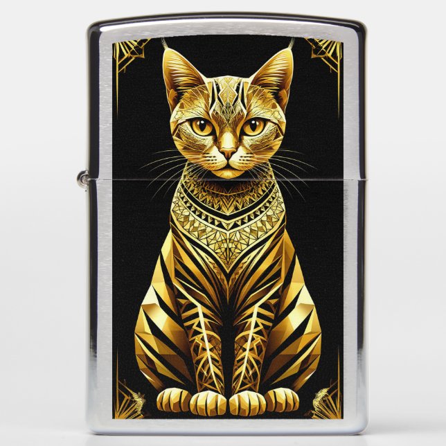 Golden Ornate Cat Illustration Zippo Lighter (Front)