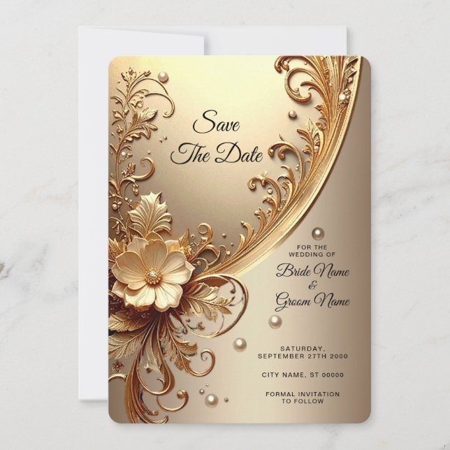 Golden Ornate Floral Save The Date (Front)