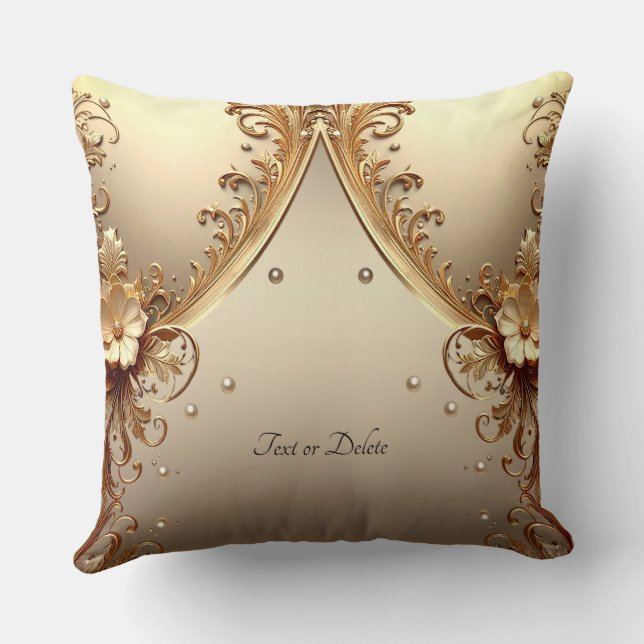 Golden Ornate Floral Throw Pillow (Back)