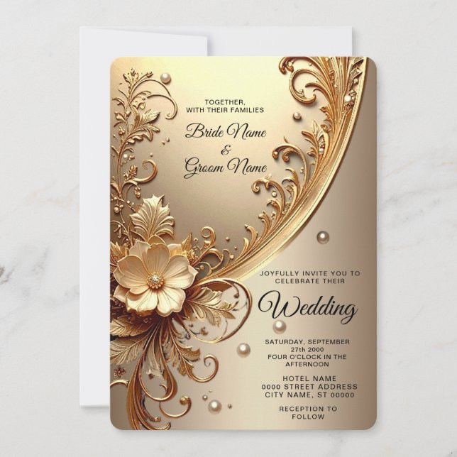 Golden Ornate Floral Wedding Invitation (Front)