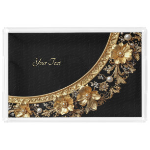 Golden Ornate Flowers Acrylic Vanity Tray