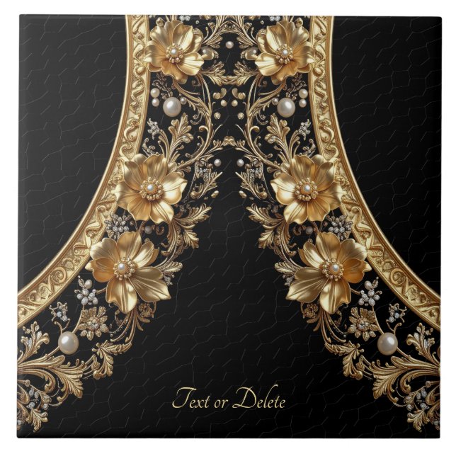 Golden Ornate Flowers Ceramic Tile (Front)