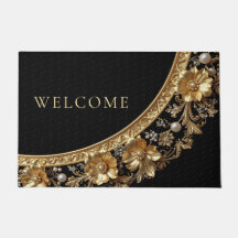 Golden Ornate Flowers Doormat