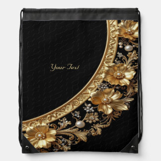 Golden Ornate Flowers Drawstring Backpack