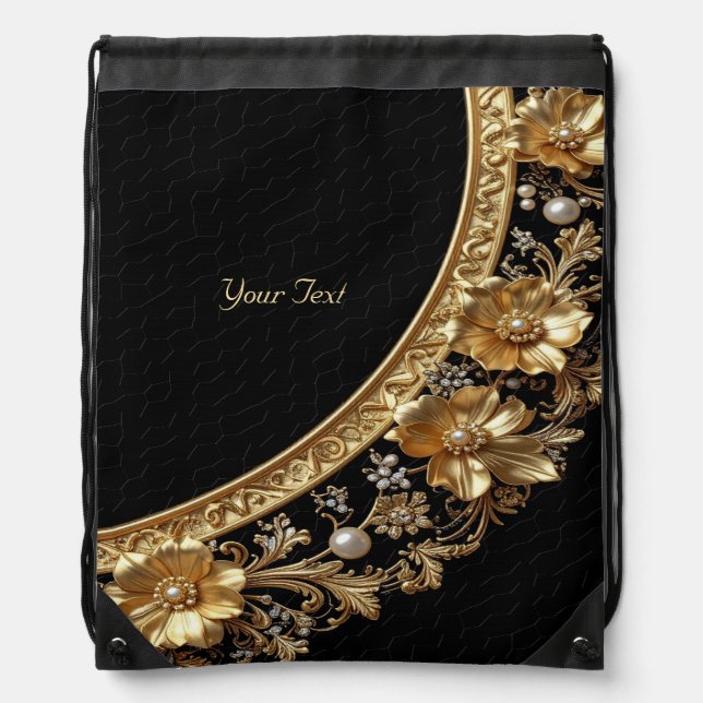 Golden Ornate Flowers Drawstring Backpack (Front)