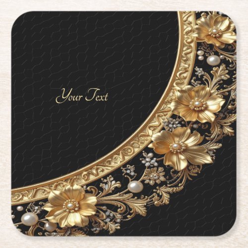 Golden Ornate Flowers Paper Coaster