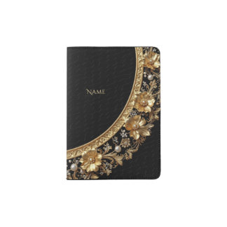 Golden Ornate Flowers Passport Holder