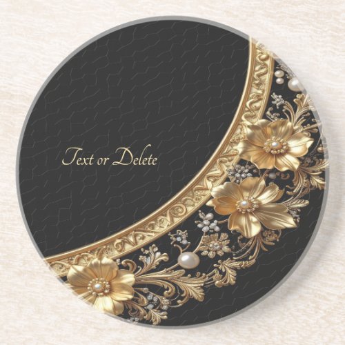 Golden Ornate Flowers Sandstone Coaster