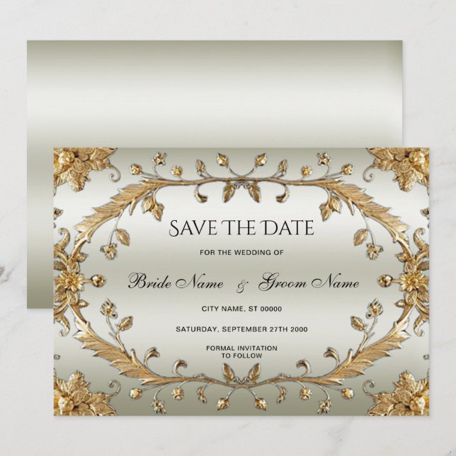 Golden Ornate Flowers Save The Date (Front/Back)