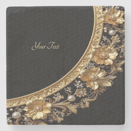 Golden Ornate Flowers Stone Coaster