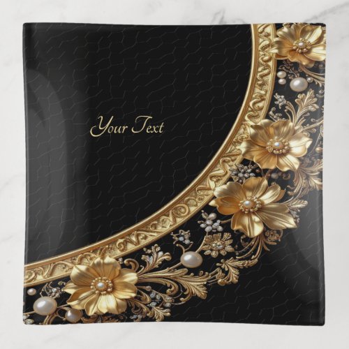 Golden Ornate Flowers Trinket Tray