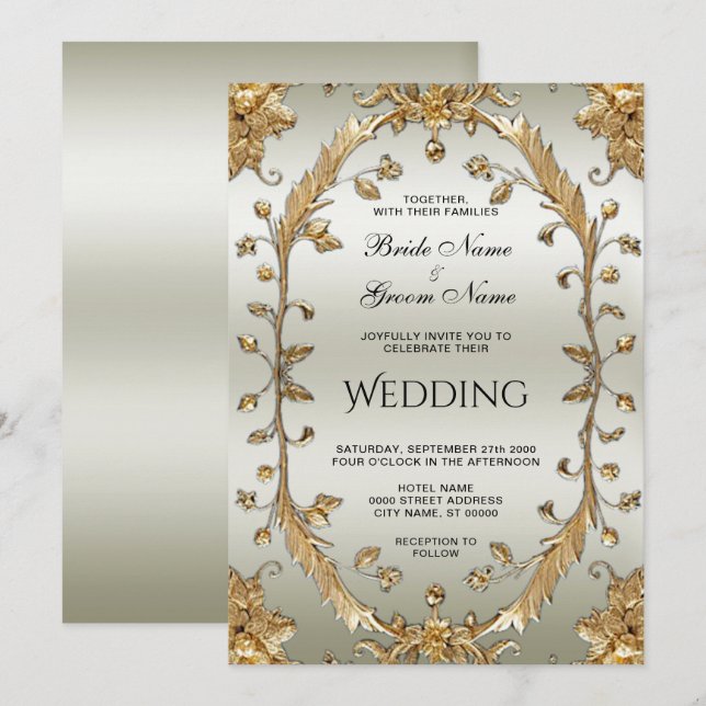 Golden Ornate Flowers Wedding Invitation (Front/Back)