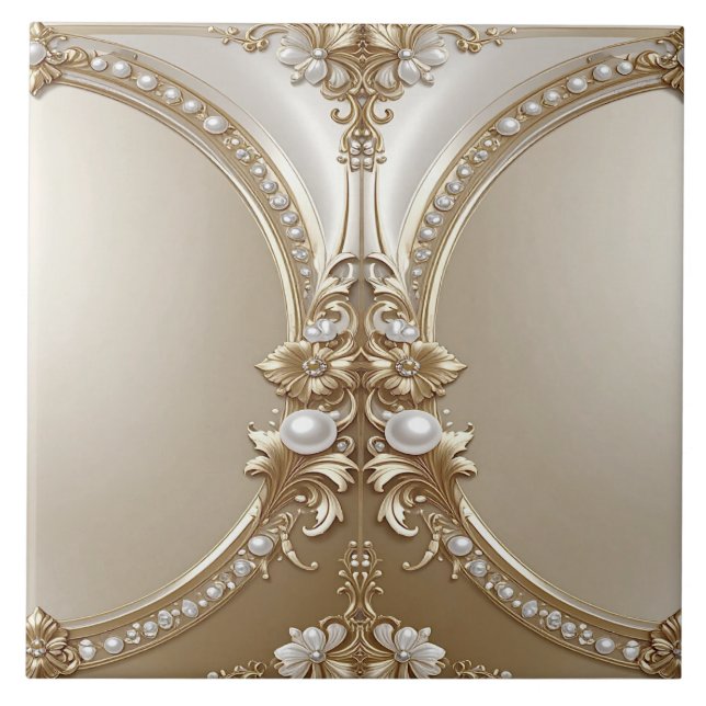 Golden Ornate Frame with Pearls Ceramic Tile (Front)