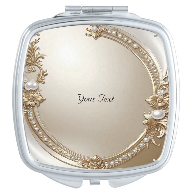 Golden Ornate Frame with Pearls Compact Mirror (Front)