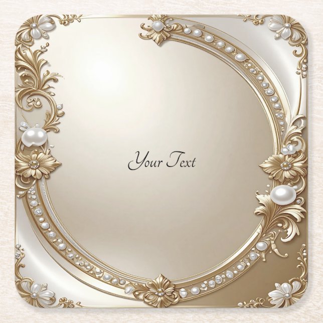 Golden Ornate Frame with Pearls Paper Coaster (Front)