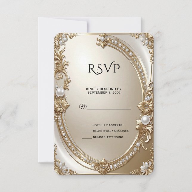 Golden Ornate Frame with Pearls RSVP Card (Front)