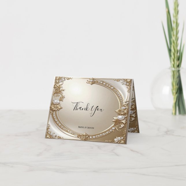 Golden Ornate Frame with Pearls Thank You Card (Front)