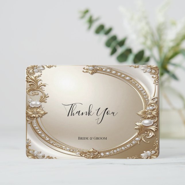 Golden Ornate Frame with Pearls Thank You Card (Standing Front)