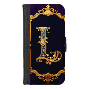 Golden Ornate Letter 'L' on Elegant Purple Velvet iPhone 8/7 Wallet Case