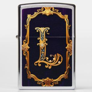 Golden Ornate Letter 'L' on Elegant Purple Velvet Zippo Lighter