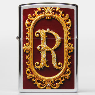 Golden Ornate Letter 'R' on Elegant Velvet Zippo Lighter