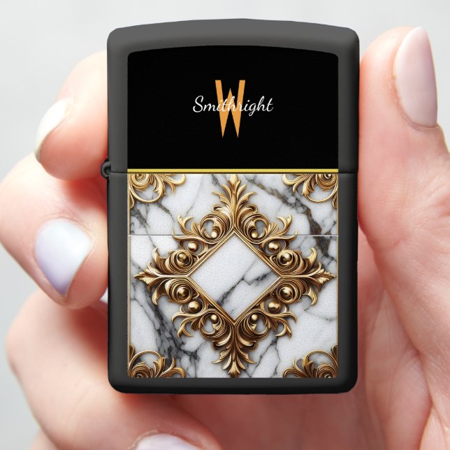 Golden Ornate Marble Design Zippo Lighter (In Hand)