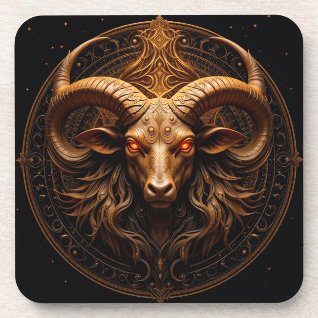 Golden Ornate Ram Head Beverage Coaster (Front)
