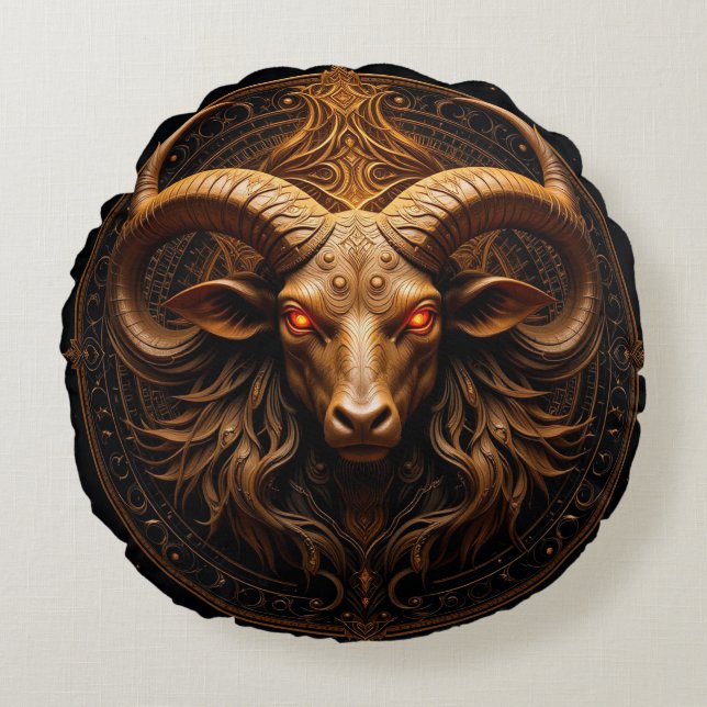 Golden Ornate Ram Head Round Pillow (Front)