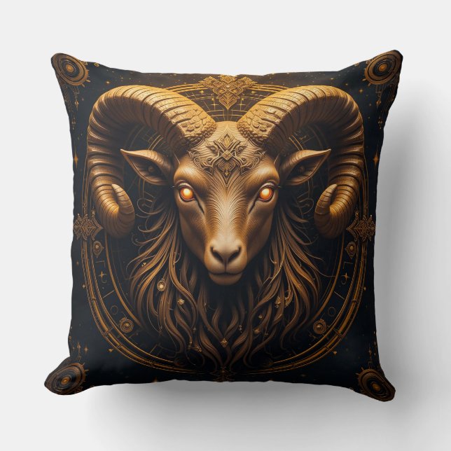 Golden Ornate Ram Head Throw Pillow (Front)