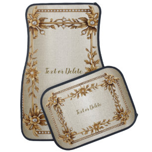 Golden Ornate Rectangle Dimond Flowers Shiny Car Floor Mat