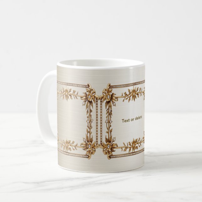 Golden Ornate Rectangle Dimond Flowers Shiny Coffee Mug (Front Left)