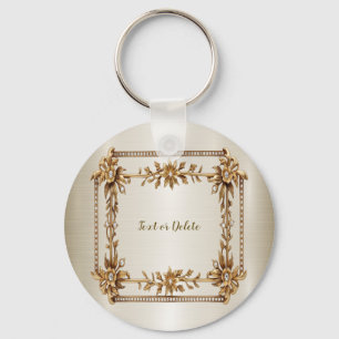 Golden Ornate Rectangle Dimond Flowers Shiny Keychain