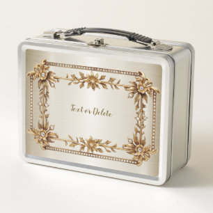 Golden Ornate Rectangle Dimond Flowers Shiny Metal Lunch Box