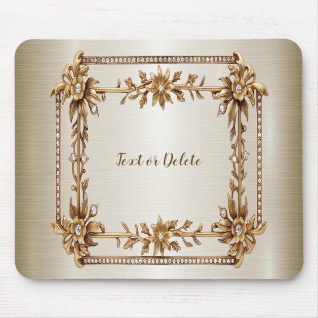 Golden Ornate Rectangle Dimond Flowers Shiny Mouse Pad (Front)