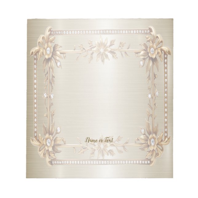 Golden Ornate Rectangle Dimond Flowers Shiny Notepad (Front)