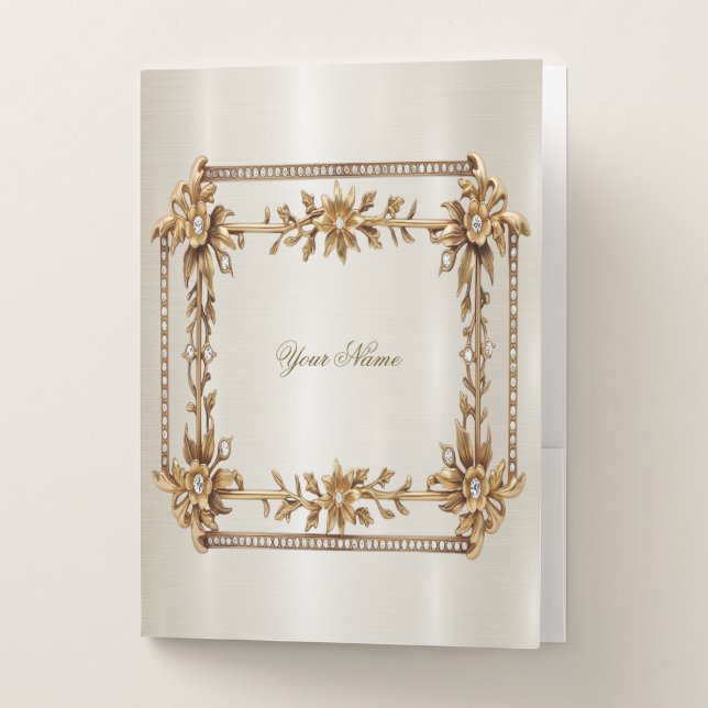 Golden Ornate Rectangle Dimond Flowers Shiny Pocket Folder (Front)