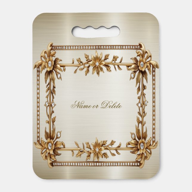 Golden Ornate Rectangle Dimond Flowers Shiny Seat Cushion (Front Vertical)