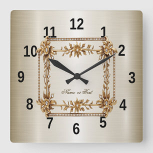Golden Ornate Rectangle Dimond Flowers Shiny Square Wall Clock