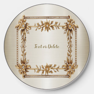 Golden Ornate Rectangle Dimond Flowers Shiny Wireless Charger