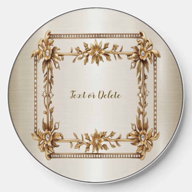 Golden Ornate Rectangle Dimond Flowers Shiny Wireless Charger (Front)