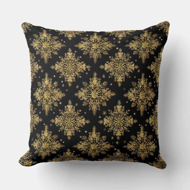 Golden Ornate Snowflake Pattern Throw Pillow (Front)