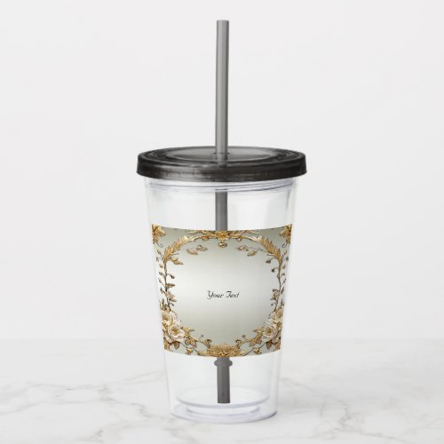 Golden Ornate White Flowers Acrylic Tumbler