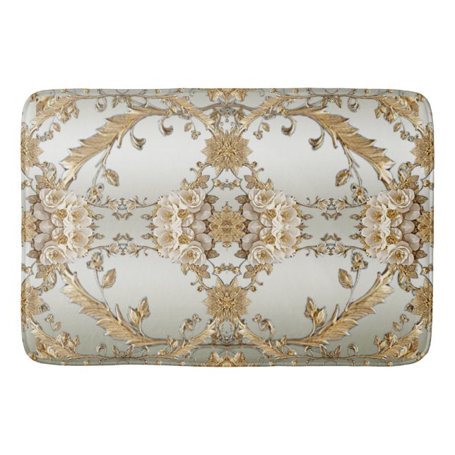 Golden Ornate White Flowers Bath Mat (Front)