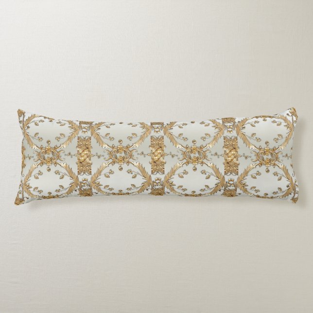Golden Ornate White Flowers Body Pillow (Front)