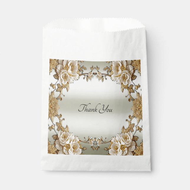 Golden Ornate White Flowers Favor Bag (Front)